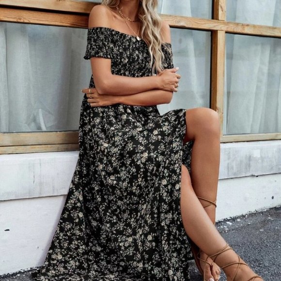 Floral High Split Off Shoulder Dress - Picture 4 of 7